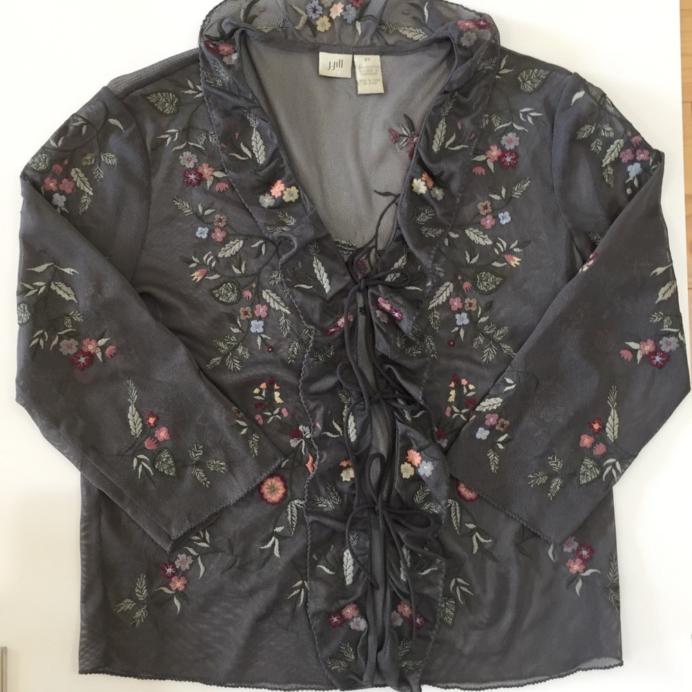 J.Jill Embroidered Floral Sheer Blouse Fluted Sleeve Top XS - Picture 8 of 15